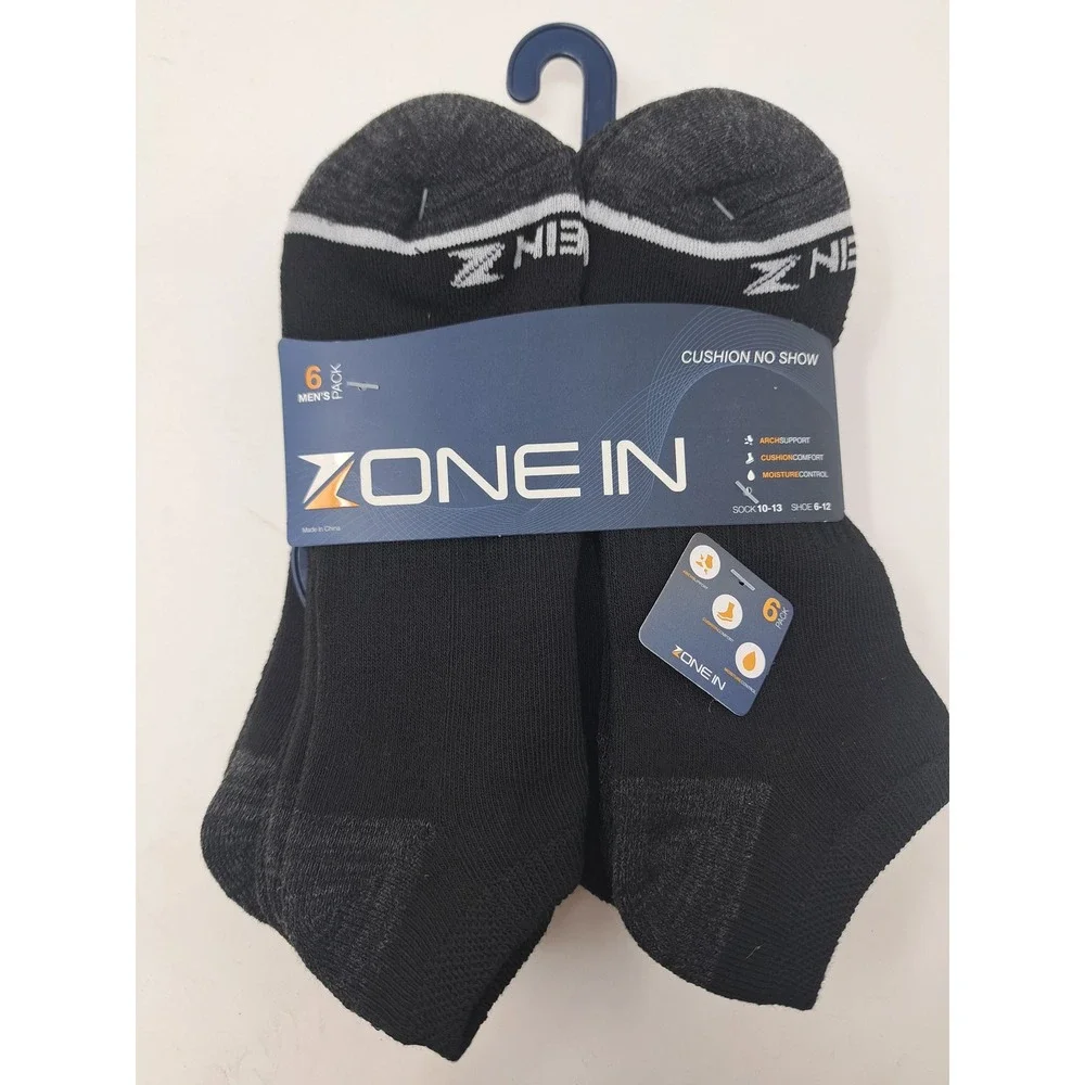 Zone In Mens 6 Pack Cushion No Show Athletic Performance Blk Socks Shoe sz 6-12